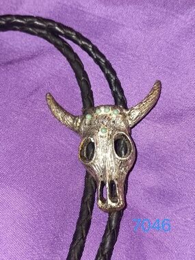 Western Bull Skull Bolo Tie with Turquoise Accents